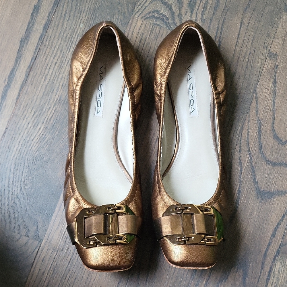 Via Spiga Metallic Bronze Ballet Flats with Gold Buckle